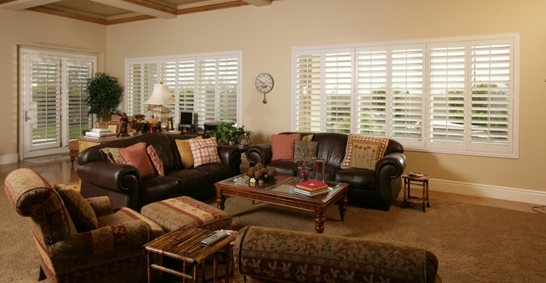 Southern California basement with white shutters.